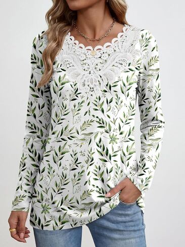 ANRABESS Women's Lace Front Long Sleeve Tunic Tops | Scalloped V Neck Floral Print Shirts, Soft Regular Fit Blouses, Business Office Travel Outfits, Dressy Casual, Fall & Winter in Kuwait