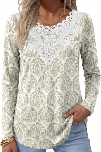 ANRABESS Women's Lace Front Long Sleeve Tunic Tops | Scalloped V Neck Floral Print Shirts, Soft Regular Fit Blouses, Business Office Travel Outfits, Dressy Casual, Fall & Winter in Kuwait