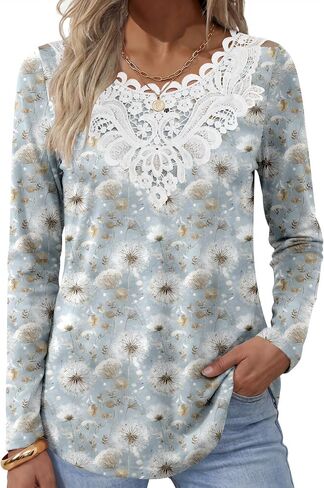ANRABESS Women's Lace Front Long Sleeve Tunic Tops | Scalloped V Neck Floral Print Shirts, Soft Regular Fit Blouses, Business Office Travel Outfits, Dressy Casual, Fall & Winter in Kuwait