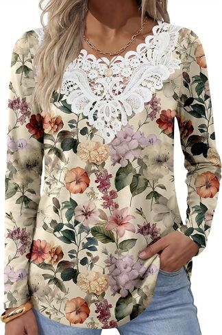 ANRABESS Women's Lace Front Long Sleeve Tunic Tops | Scalloped V Neck Floral Print Shirts, Soft Regular Fit Blouses, Business Office Travel Outfits, Dressy Casual, Fall & Winter in Kuwait
