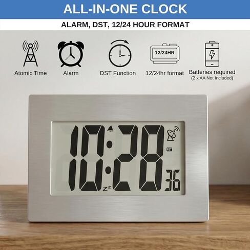 Atomic Digital Wall Clock Large Display Battery Operated | Large Number Digital Clock Easy Read 3.5" LCD, Wall or Desk Clock, Alarm Snooze, 12/24 Hour for Kitchen Office Living Room in Saudi Arabia