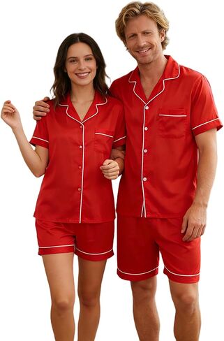 VS&LLWQ Couples Satin Pajamas Matching Sets-Women&Men Short Sleeve Button Down 2 Piece Silk Pjs Sets|Summer Gifts in Saudi Arabia