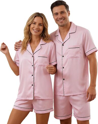 VS&LLWQ Couples Satin Pajamas Matching Sets-Women&Men Short Sleeve Button Down 2 Piece Silk Pjs Sets|Summer Gifts in Saudi Arabia