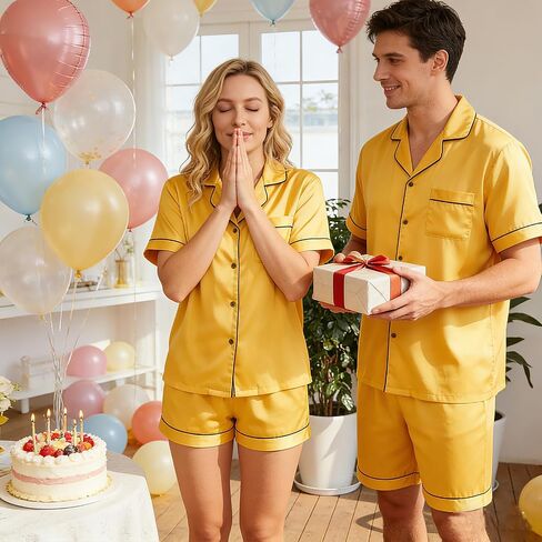 VS&LLWQ Couples Satin Pajamas Matching Sets-Women&Men Short Sleeve Button Down 2 Piece Silk Pjs Sets|Summer Gifts in Saudi Arabia