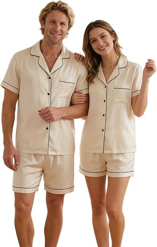 VS&LLWQ Couples Satin Pajamas Matching Sets-Women&Men Short Sleeve Button Down 2 Piece Silk Pjs Sets|Summer Gifts in Saudi Arabia