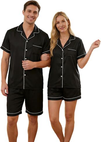 VS&LLWQ Couples Satin Pajamas Matching Sets-Women&Men Short Sleeve Button Down 2 Piece Silk Pjs Sets|Summer Gifts in Saudi Arabia
