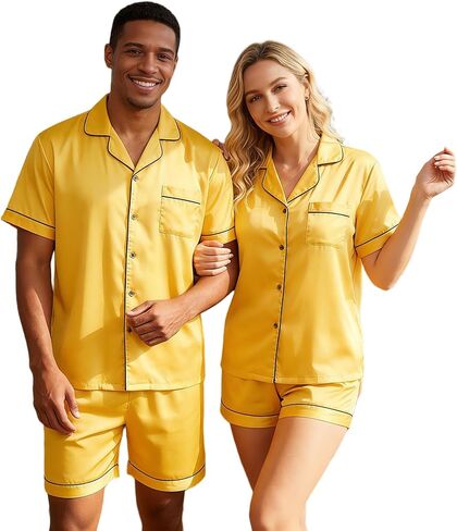 VS&LLWQ Couples Satin Pajamas Matching Sets-Women&Men Short Sleeve Button Down 2 Piece Silk Pjs Sets|Summer Gifts in Saudi Arabia