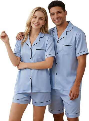 VS&LLWQ Couples Satin Pajamas Matching Sets-Women&Men Short Sleeve Button Down 2 Piece Silk Pjs Sets|Summer Gifts in Saudi Arabia