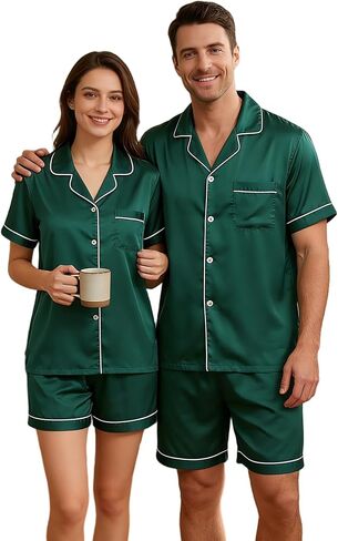 VS&LLWQ Couples Satin Pajamas Matching Sets-Women&Men Short Sleeve Button Down 2 Piece Silk Pjs Sets|Summer Gifts in Saudi Arabia