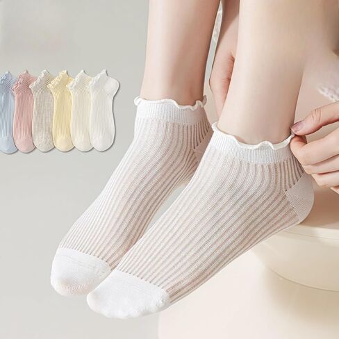 Cute Ruffle Socks for Women - 5 Pairs Lolita Lace Ruffled Ankle Socks Coquette Trim Thin Cotton Seamless Toe Frilly in Saudi Arabia