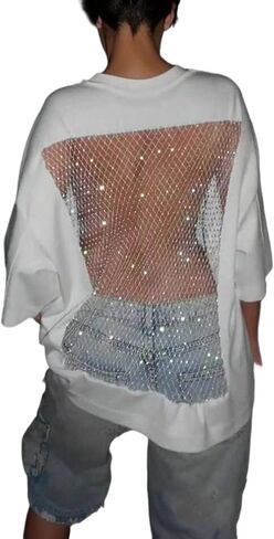 LKOUS Women’s Rhinestone Backless T Shirts Oversized See Through Sparkle Glitter Hollow Out Mesh Shirt Blouse in Saudi Arabia