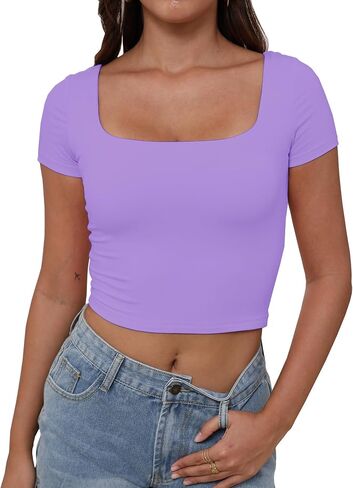 Dwnval Womens Sexy Square Neck Double Lined Short Sleeve Casual Crop Tops | Square Neck, Double Lined, Crop Tops, Casual Short Sleeve Sexy Tee Shirt in Saudi Arabia