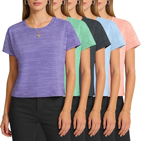 HovSiyla 5 Pack Women Crop Tops Short Sleeve Workout Athletic Gym Running Hiking Sports Tees Breathable Casual Loose T Shirts in Saudi Arabia