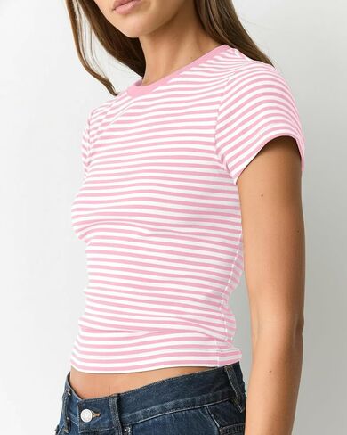 Women Preppy Cute Colorblock Striped Short Sleeve Cropped Tshirts Fitted Crewneck Crop Tee Tops Y2k Teen Clothes in Kuwait