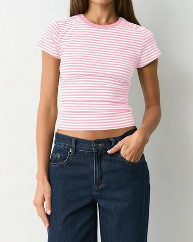 Women Preppy Cute Colorblock Striped Short Sleeve Cropped Tshirts Fitted Crewneck Crop Tee Tops Y2k Teen Clothes in Kuwait