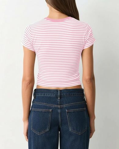Women Preppy Cute Colorblock Striped Short Sleeve Cropped Tshirts Fitted Crewneck Crop Tee Tops Y2k Teen Clothes in Kuwait