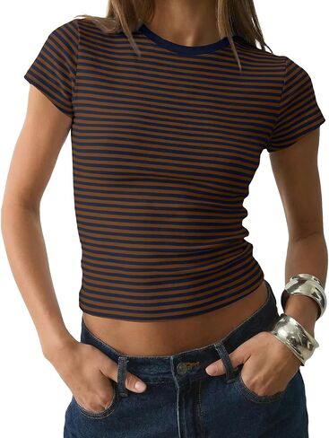 Women Preppy Cute Colorblock Striped Short Sleeve Cropped Tshirts Fitted Crewneck Crop Tee Tops Y2k Teen Clothes in Kuwait