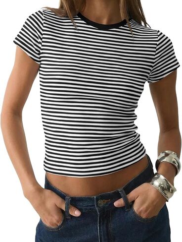 Women Preppy Cute Colorblock Striped Short Sleeve Cropped Tshirts Fitted Crewneck Crop Tee Tops Y2k Teen Clothes in Kuwait