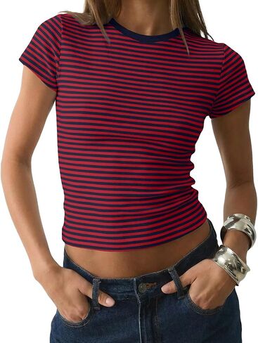 Women Preppy Cute Colorblock Striped Short Sleeve Cropped Tshirts Fitted Crewneck Crop Tee Tops Y2k Teen Clothes in Kuwait