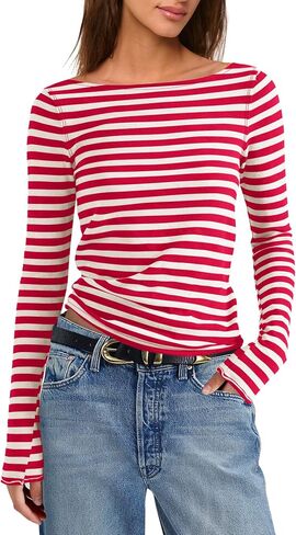 Womens Striped Long Sleeve Shirt Boat Neck Slim Fit Casual Undershirt Summer Fall Layering Going Out Tops in Saudi Arabia