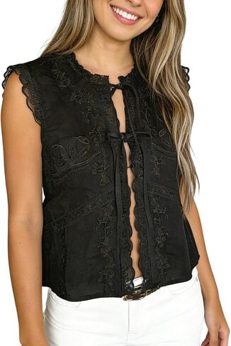 Womens Tie Front Vest Top Floral Embroidered Eyelet Tank Tops Sleeveless Going Out Shirts in Saudi Arabia