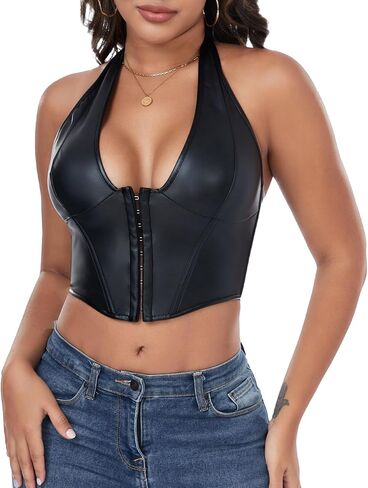 FEOYA Women's Sexy Pu Leather Halter Crop Top Y2K Low Cut Vest Tight Front Closure Vests Fashion Cropped Tops XS-XXL in Saudi Arabia
