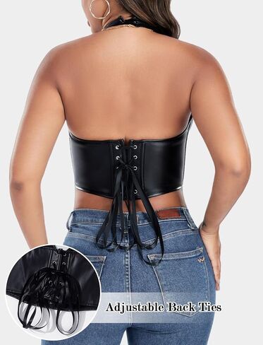 FEOYA Women's Sexy Pu Leather Halter Crop Top Y2K Low Cut Vest Tight Front Closure Vests Fashion Cropped Tops XS-XXL in Saudi Arabia