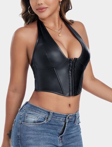 FEOYA Women's Sexy Pu Leather Halter Crop Top Y2K Low Cut Vest Tight Front Closure Vests Fashion Cropped Tops XS-XXL in Saudi Arabia