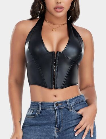 FEOYA Women's Sexy Pu Leather Halter Crop Top Y2K Low Cut Vest Tight Front Closure Vests Fashion Cropped Tops XS-XXL in Saudi Arabia