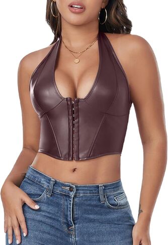 FEOYA Women's Sexy Pu Leather Halter Crop Top Y2K Low Cut Vest Tight Front Closure Vests Fashion Cropped Tops XS-XXL in Kuwait