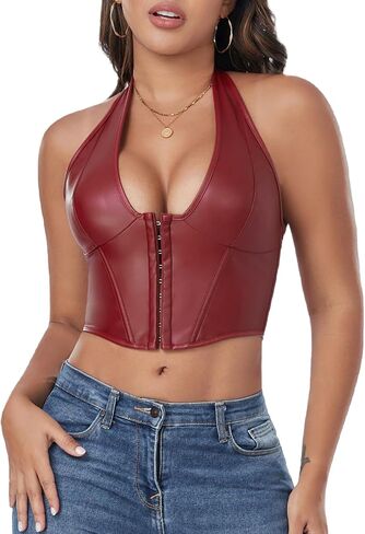 FEOYA Women's Sexy Pu Leather Halter Crop Top Y2K Low Cut Vest Tight Front Closure Vests Fashion Cropped Tops XS-XXL in Saudi Arabia