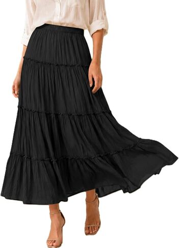 Avanova Women Ruffle Layered Tiered Maxi Skirt Flowy Boho | Long Skirt, High Waisted, A-Line, Swing Hem, Summer Vacation, Elastic Waist, Beach Outfit, Travel, Holiday in Kuwait