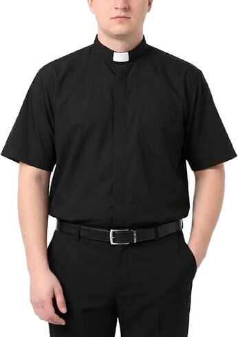 Mens Short Sleeve Tab Collar Clergy Shirt Cotton Regular Fit Minister Shirt with Two Removable Collar Tabs in Saudi Arabia