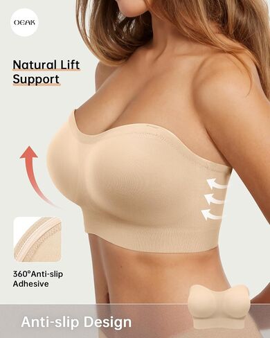 OEAK Womens Wireless Bras Supportive & Strapless Bandeau Bras Non Slip Beige M in Saudi Arabia