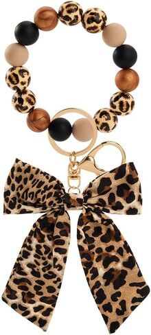 Leopard Keychain - Cheetah Print Car Accessories Key Ring Bracelet, Bow Cheetah Print Keychain Wristlet for Women, Leopard Print Silicone Beaded Bangle Chains for Car Key Bag Purse Handbag in Saudi Arabia