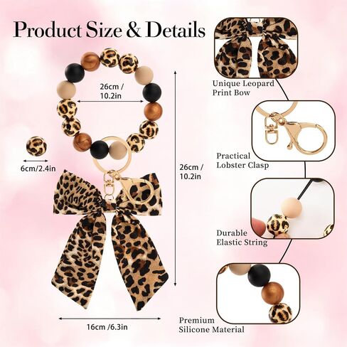 Leopard Keychain - Cheetah Print Car Accessories Key Ring Bracelet, Bow Cheetah Print Keychain Wristlet for Women, Leopard Print Silicone Beaded Bangle Chains for Car Key Bag Purse Handbag in Saudi Arabia