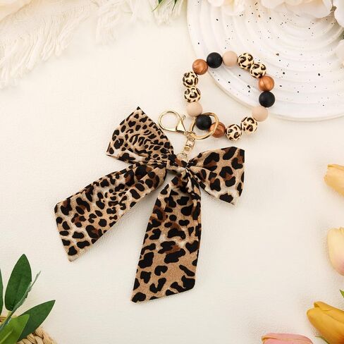 Leopard Keychain - Cheetah Print Car Accessories Key Ring Bracelet, Bow Cheetah Print Keychain Wristlet for Women, Leopard Print Silicone Beaded Bangle Chains for Car Key Bag Purse Handbag in Saudi Arabia