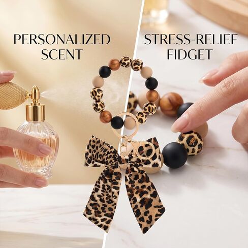 Leopard Keychain - Cheetah Print Car Accessories Key Ring Bracelet, Bow Cheetah Print Keychain Wristlet for Women, Leopard Print Silicone Beaded Bangle Chains for Car Key Bag Purse Handbag in Saudi Arabia