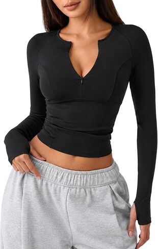 Hilinker Women's Long Sleeve Workout Crop Top Half Zip Fitted Yoga Athletic Shirt with Thumb Holes in Kuwait