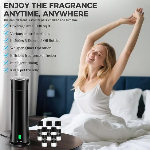 Waterless Scent Diffuser Kit — Covers 1,500 sq. ft. Suitable for Large Rooms, Home, Offices, and Hotels. Includes Five Essential Oils and Remote Control. Black in Saudi Arabia