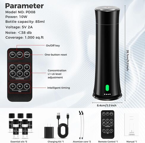 Waterless Scent Diffuser Kit — Covers 1,500 sq. ft. Suitable for Large Rooms, Home, Offices, and Hotels. Includes Five Essential Oils and Remote Control. Black in Saudi Arabia