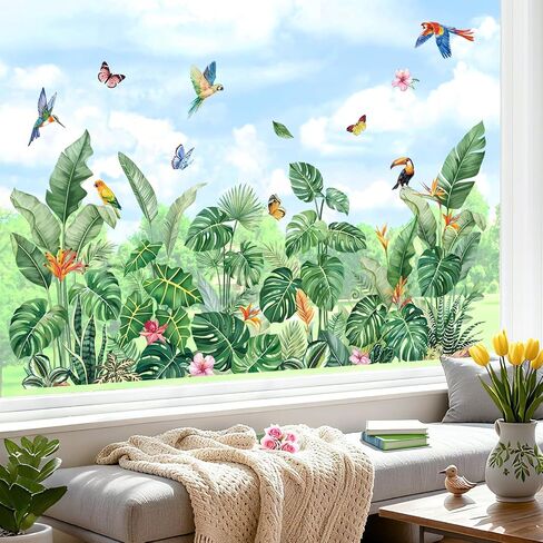 decalmile Spring Summer Tropical Leaves Double Sided Window Clings Green Plants Palm Leaf Anti-Collision Glass Doors Window Stickers Decals in Kuwait