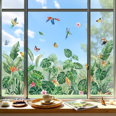 decalmile Spring Summer Tropical Leaves Double Sided Window Clings Green Plants Palm Leaf Anti-Collision Glass Doors Window Stickers Decals in Kuwait