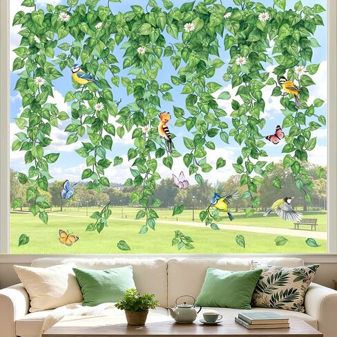 decalmile Spring Summer Tropical Leaves Double Sided Window Clings Green Plants Palm Leaf Anti-Collision Glass Doors Window Stickers Decals in Kuwait