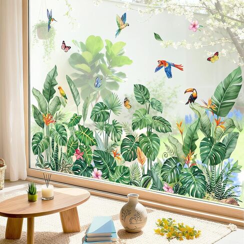 decalmile Spring Summer Tropical Leaves Double Sided Window Clings Green Plants Palm Leaf Anti-Collision Glass Doors Window Stickers Decals in Kuwait