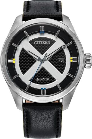 CITIZEN Men's Eco-Drive Marvel Comics X-Men, 42.3mm Silver-Tone Stainless Steel Case with a Black Leather Strap & Black Dial (Style: AW5007-17W) in Kuwait