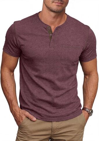 تي شيرت رجالي من NITAGUT Henley بأكمام قصيرة من القطن كاجوال للرجال بأزرار مريحة للصيف مع جيب in Kuwait