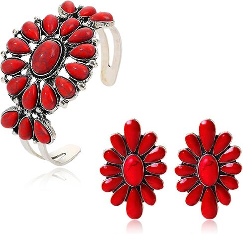 Bohemian Turquoise Statement Jewelry Set for Women Vintage Natural Turquoise Geometric Flower Stud Earrings Western Cowgirl Silver Engraved Cuff Bracelet Boho Ethnic Gift in Kuwait