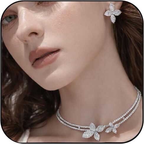 Silver Flower Necklace and Earring Set, Layered Open Choker Rhinestone Bridal Jewelry Set for Wedding Costume Jewelry in Saudi Arabia