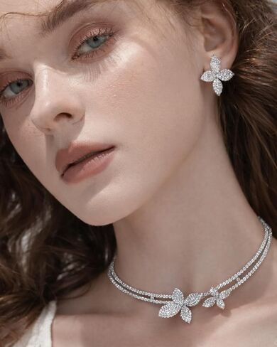 Silver Flower Necklace and Earring Set, Layered Open Choker Rhinestone Bridal Jewelry Set for Wedding Costume Jewelry in Saudi Arabia